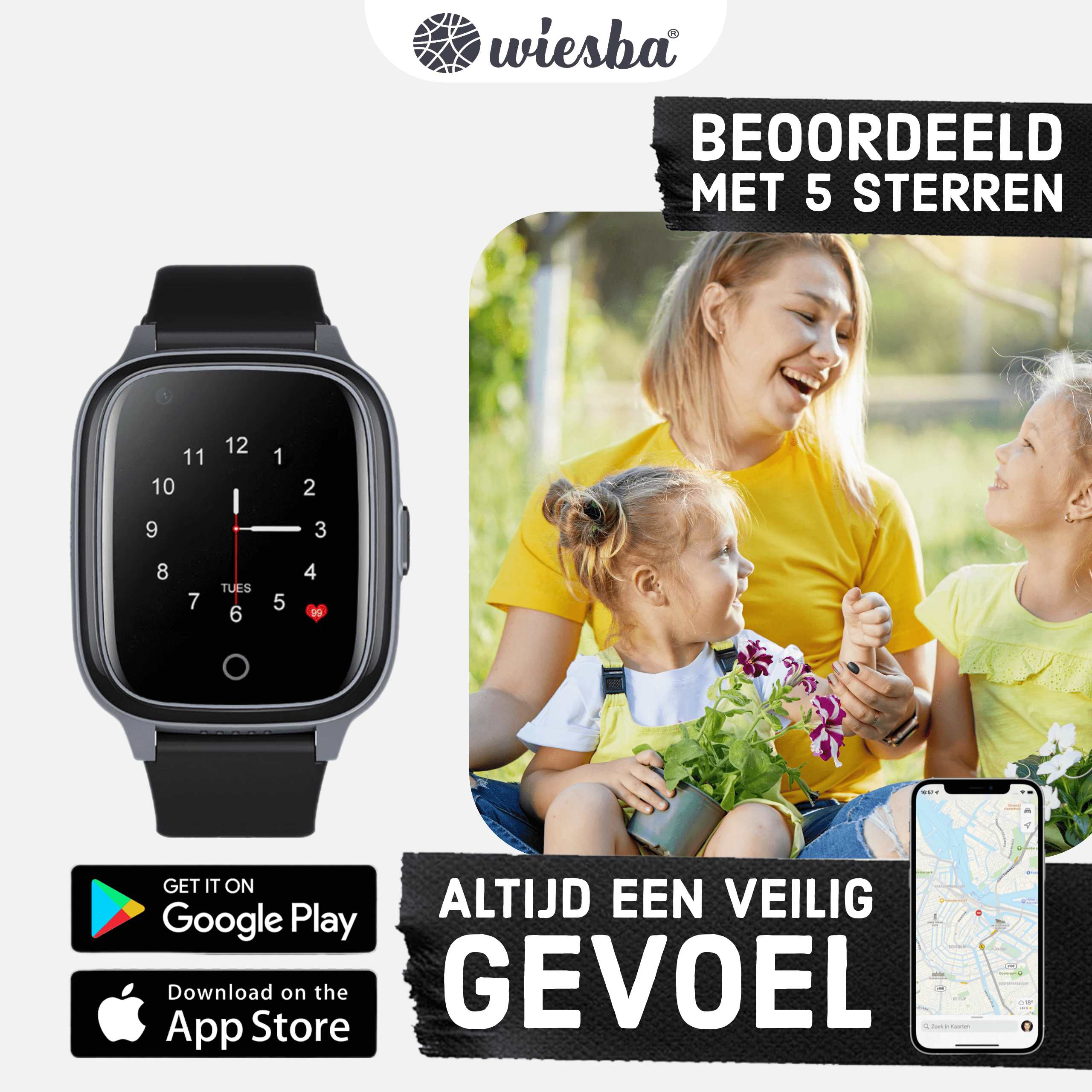 Zwart 4G GPS Smartwatch met een beoordeling van 5 sterren