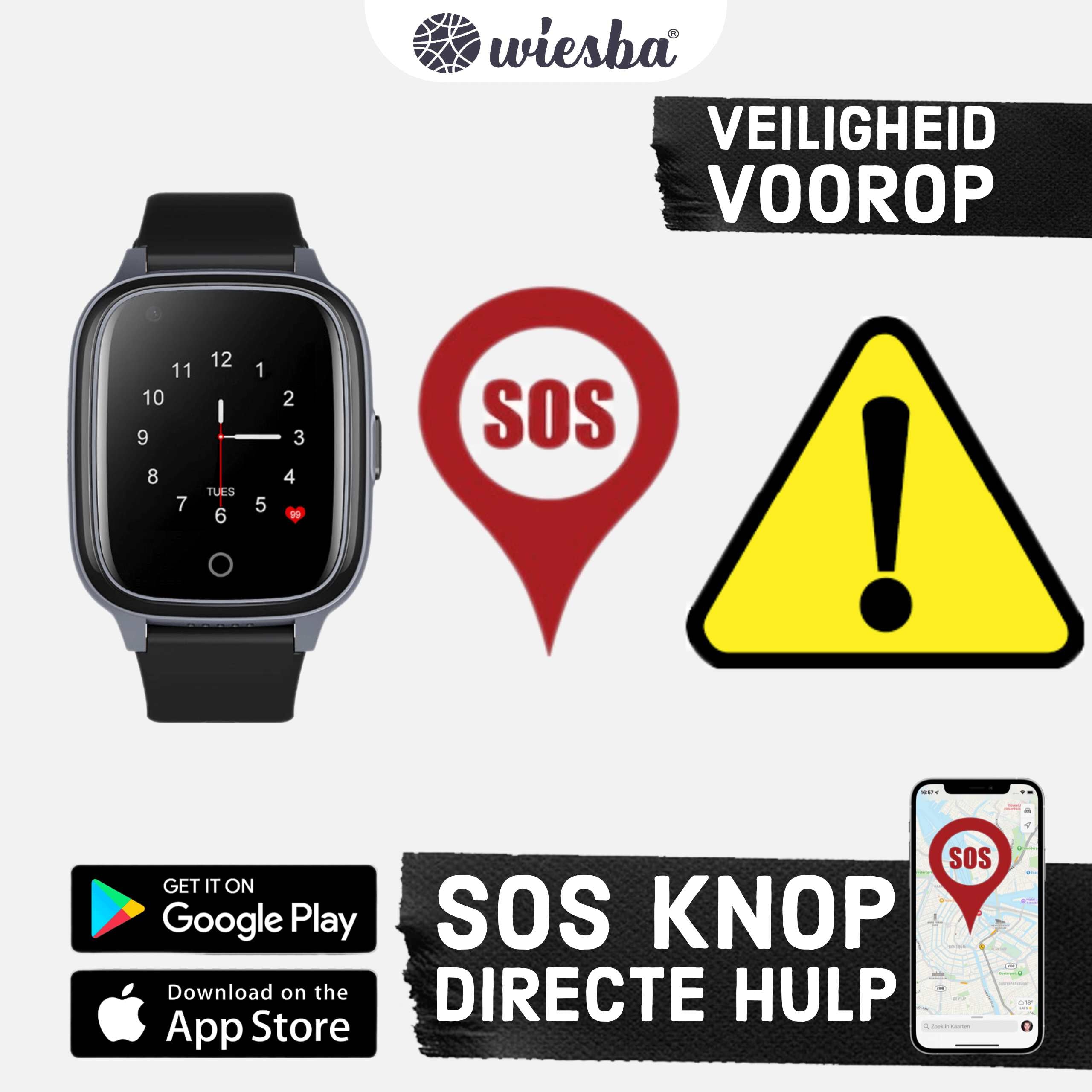 Zwarte 4G GPS Smartwatch met een SOS knop
