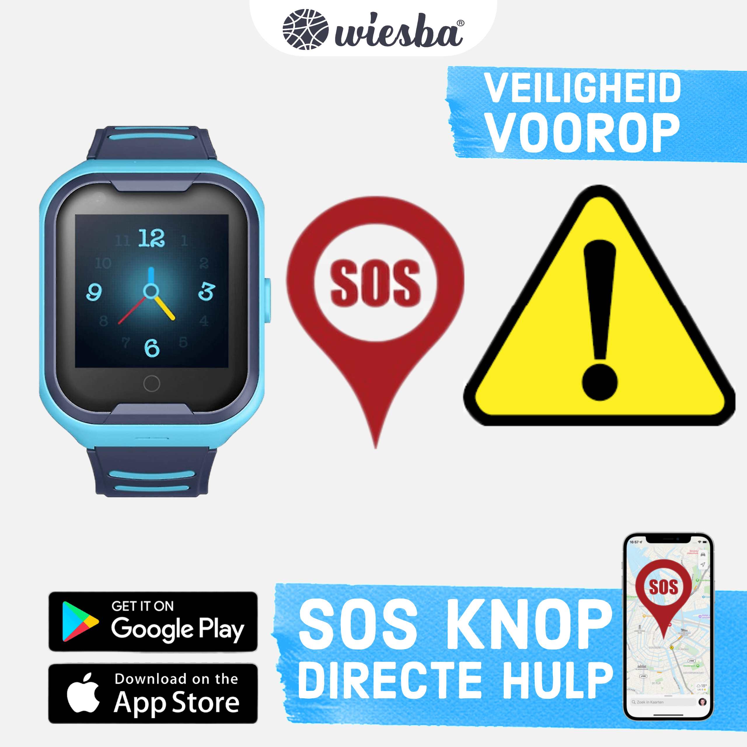 Blauw GPS Smartwatch voor kinderen die beschikt over een sos knop