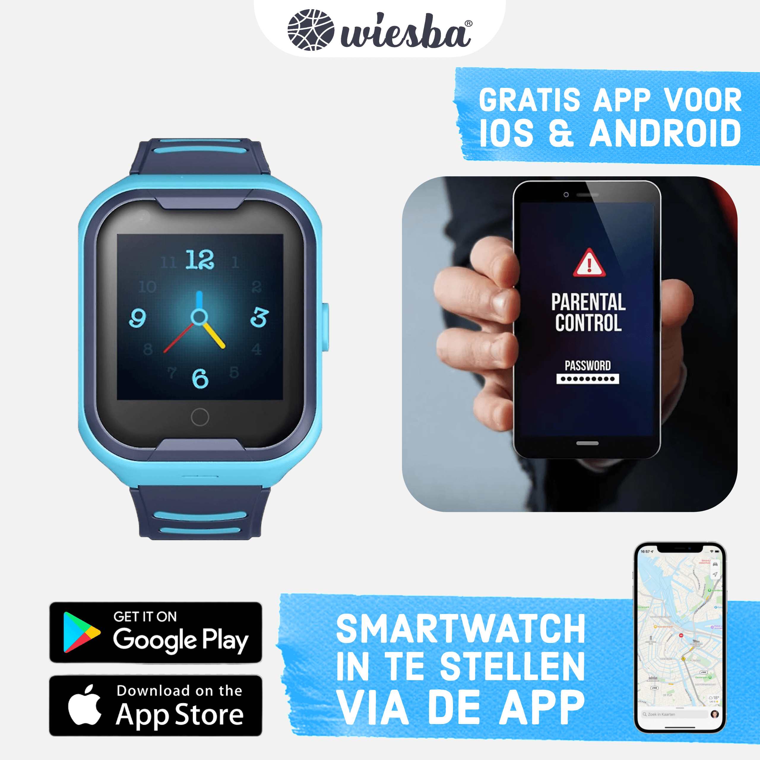 Blauw GPS Smartwatch voor kinderen die ouders via de app in kunnen stellen