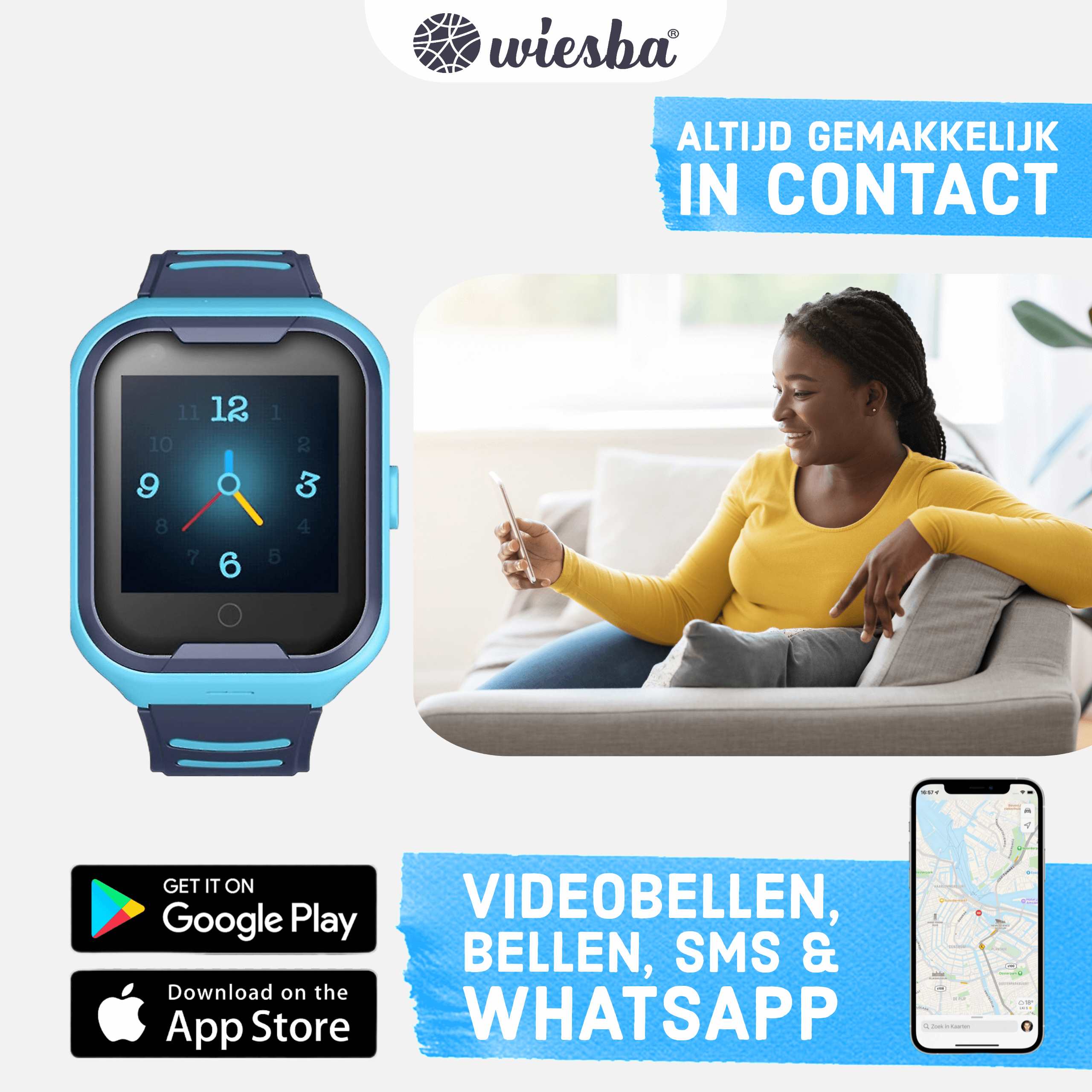 Blauw GPS Smartwatch voor kinderen waar ouders altijd via videobellen, bellen, sms en whatapp in contact blijven