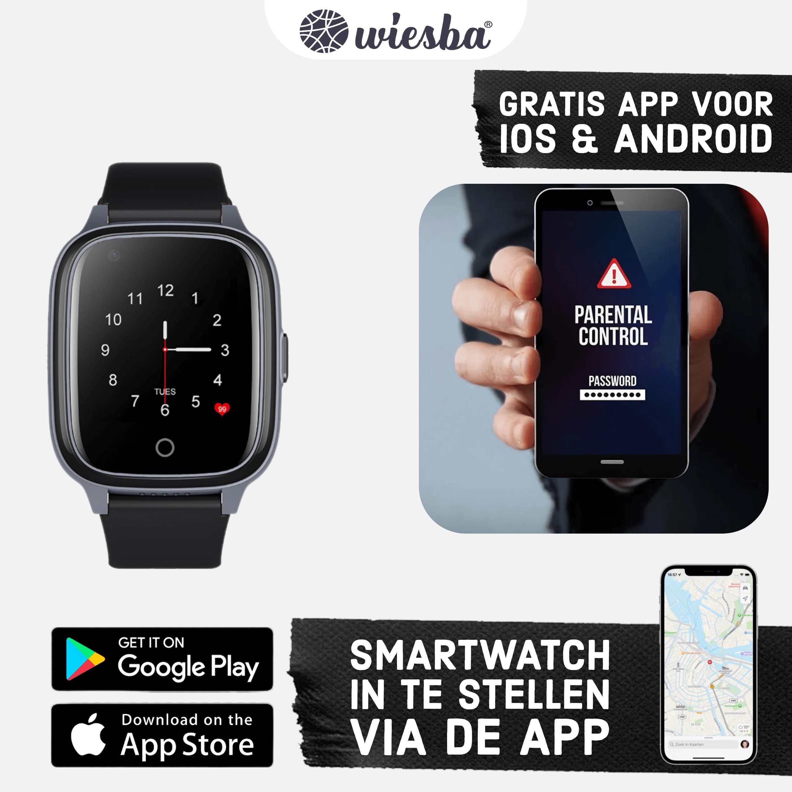 Zwarte 4G GPS Smartwatch in te stellen via de app en met ouderlijk toezicht.