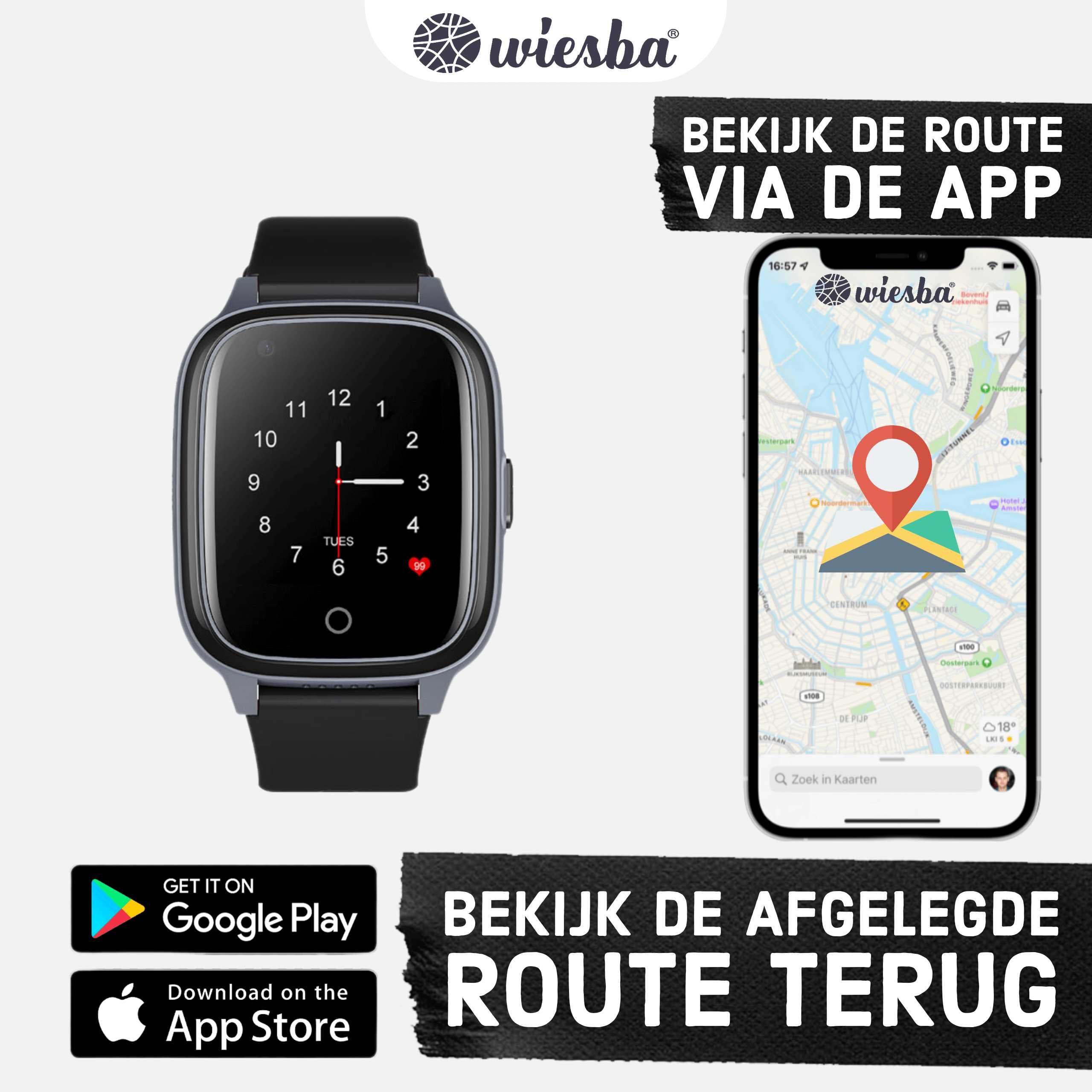 Zwarte 4G GPS Smartwatch je kunt de route via de app volgen en de afgelegde route kunnen terug zien